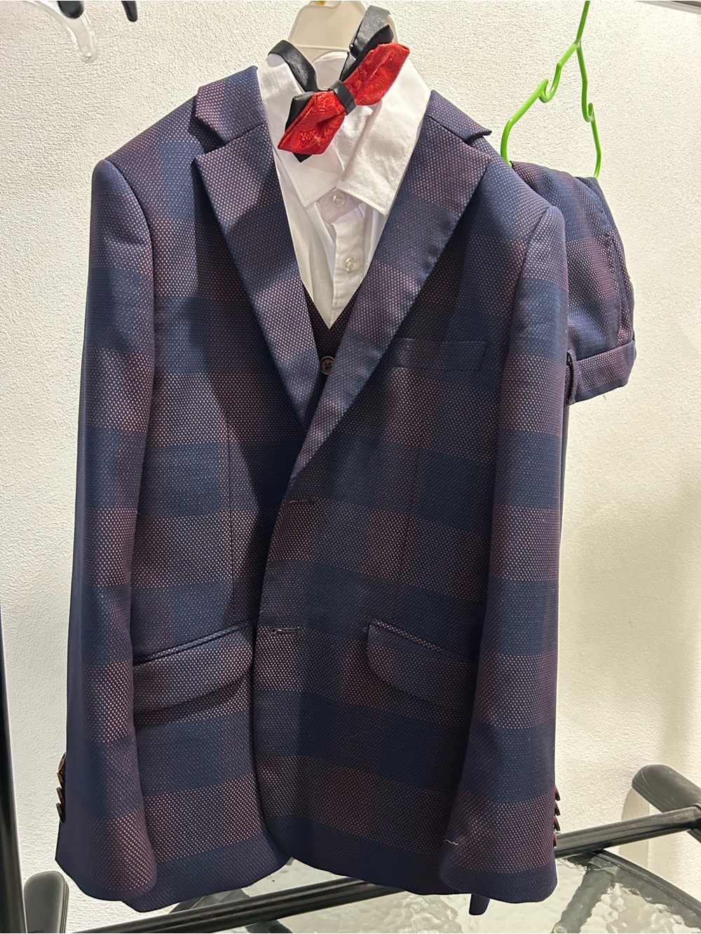 Men's Navy and Burgundy Check Suit Jacket with Vest and Red Bow Tie